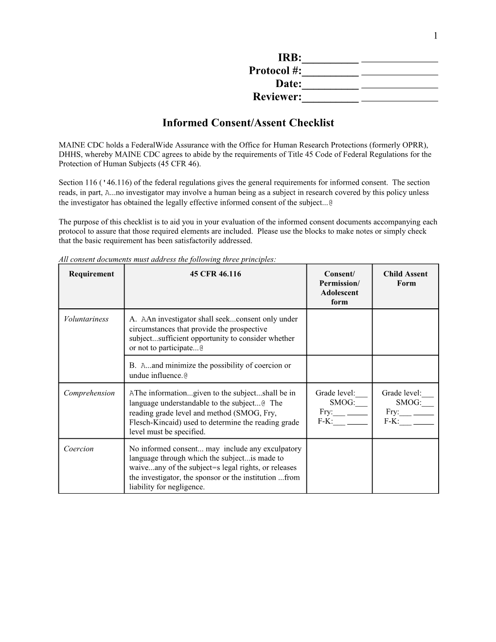 Informed Consent/Assent Checklist