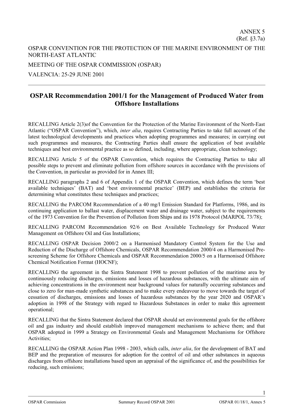 OSPAR Recommendation 2001/1 for the Management of Produced Water from Offshore Installations