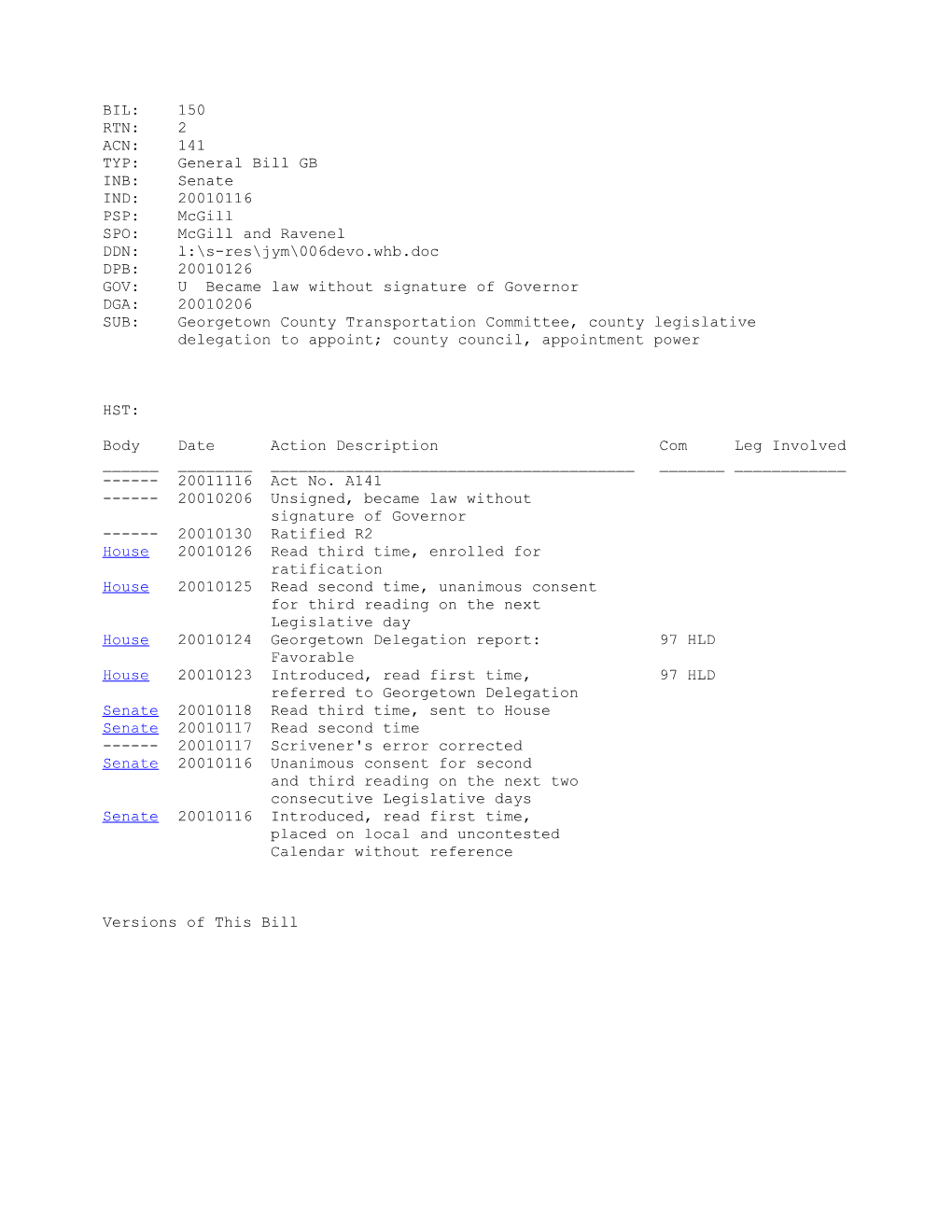 2001-2002 Bill 150: Georgetown County Transportation Committee, County Legislative Delegation