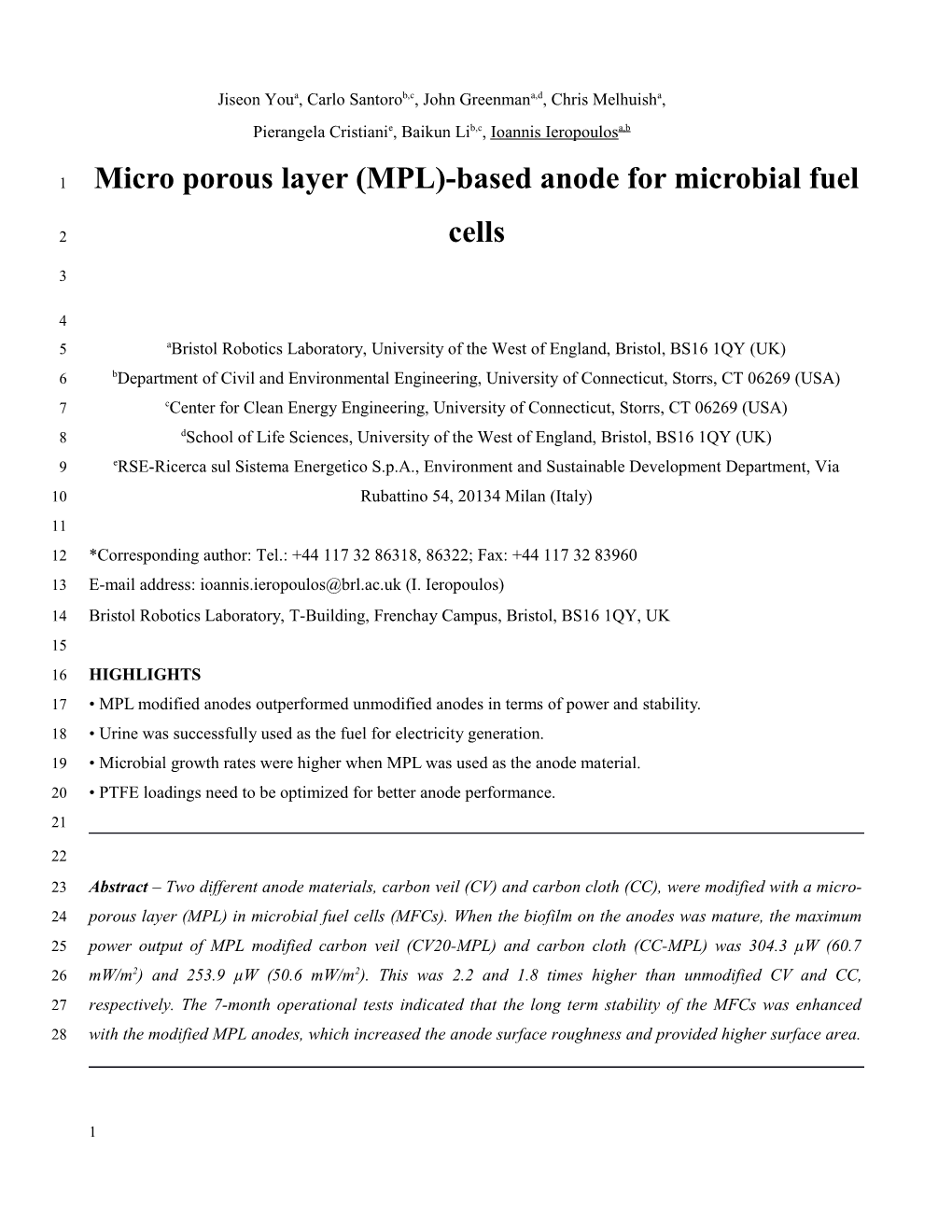 Micro Porous Layer (MPL)-Based Anode for Microbial Fuel Cells
