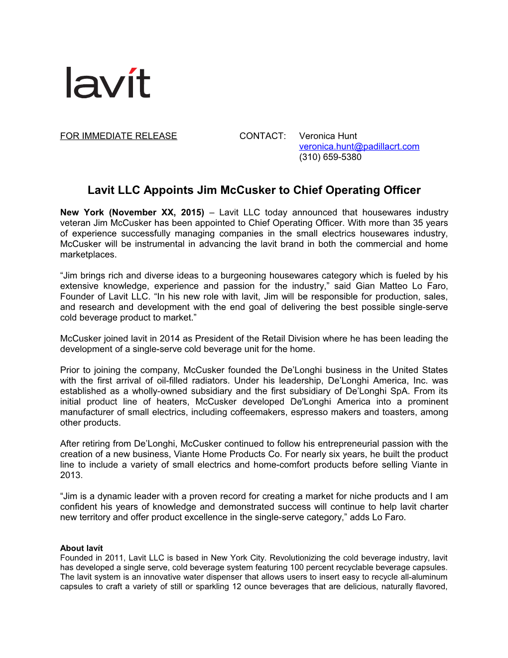 Lavit LLC Appointsjim Mccusker to Chief Operating Officer
