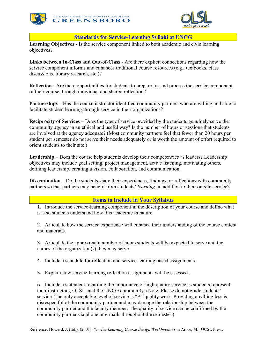 Standards for Service-Learning Syllabi at UNCG