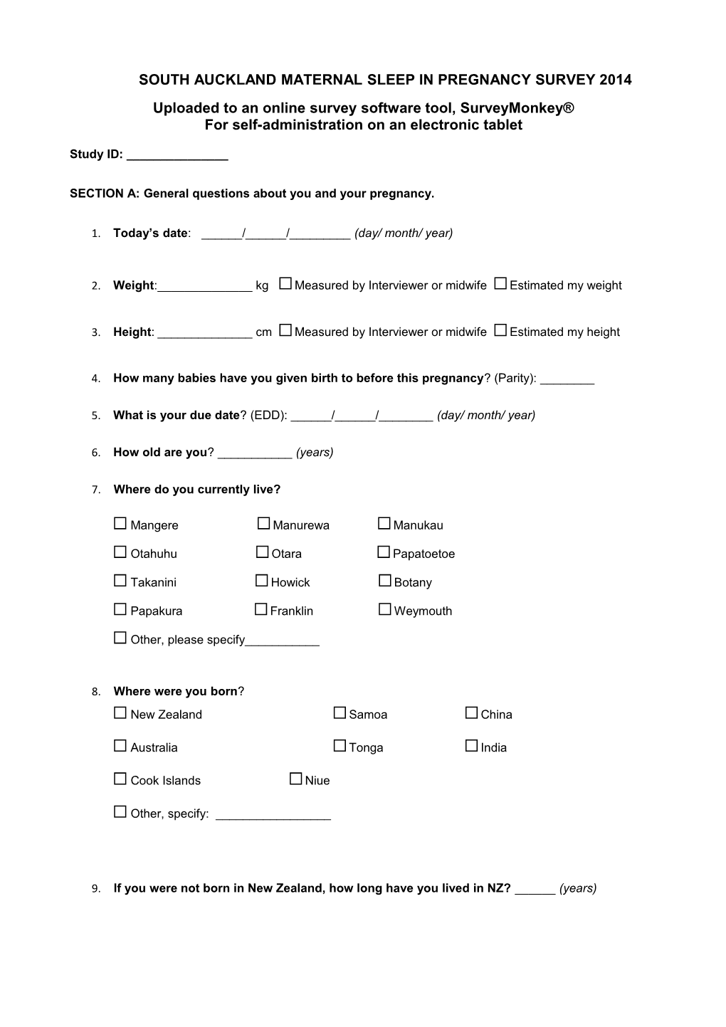 South Auckland Maternal Sleep in Pregnancysurvey 2014