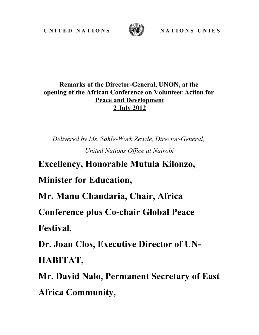 Remarks of the Director-General, UNON, at The