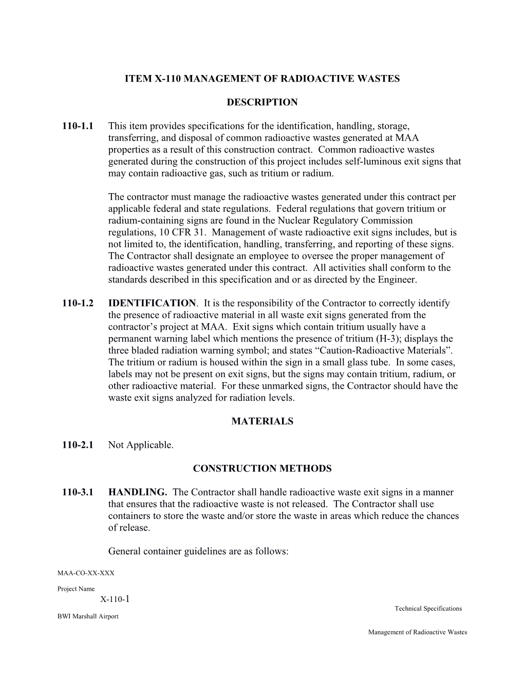 Item X-110 Management of Radioactive Wastes