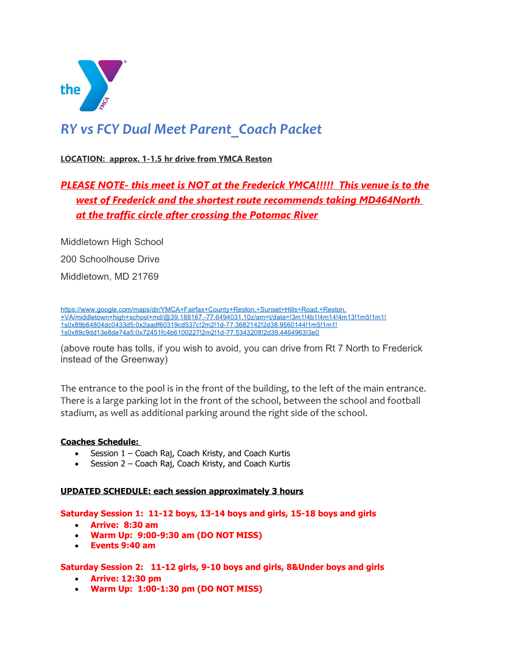 RY Vs FCY Dual Meet Parent Coach Packet