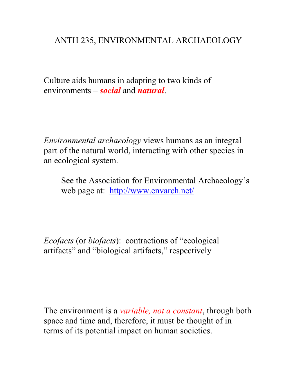 Anth 235, Environmental Archaeology