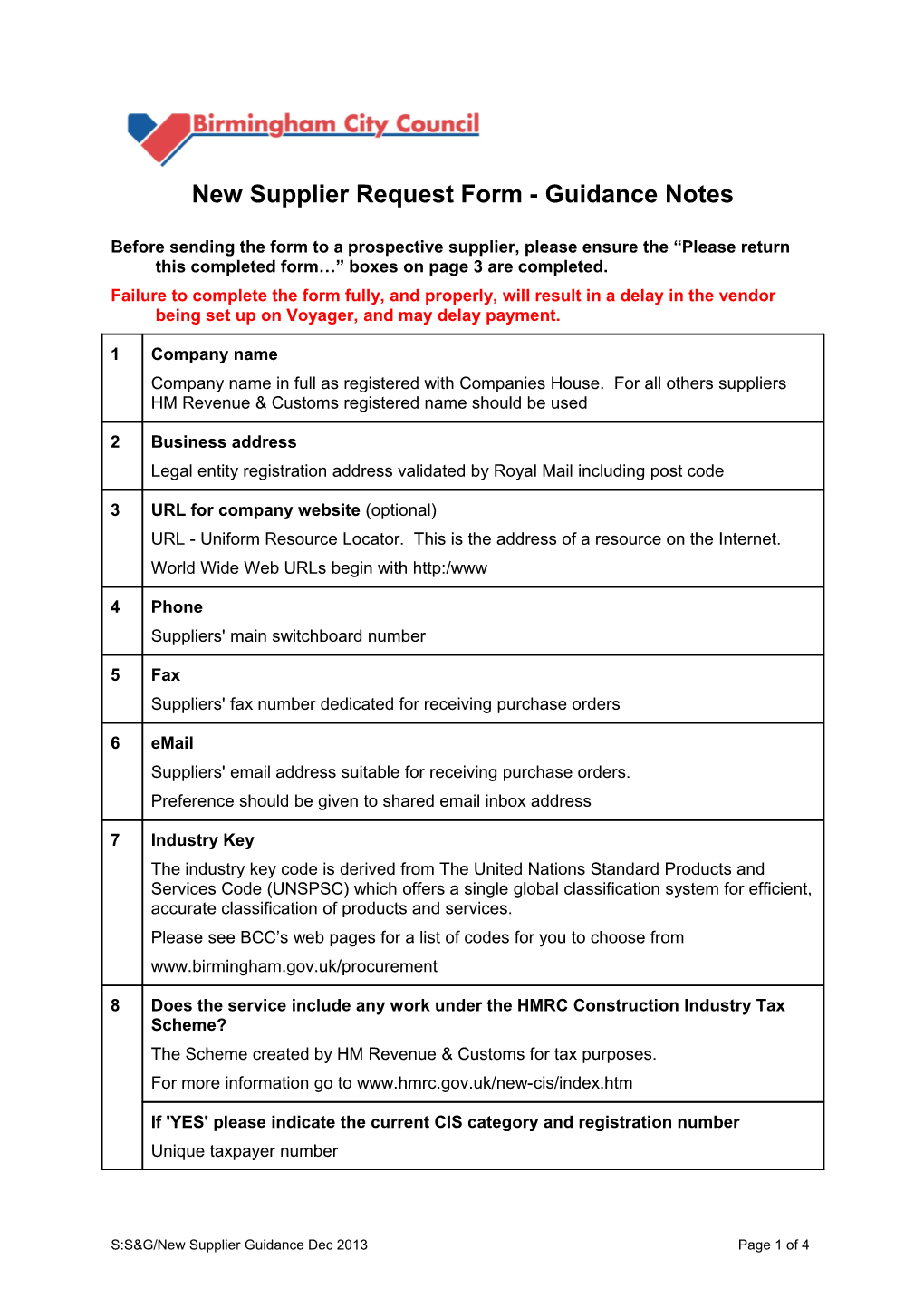 New Supplier Request Form - Guidance Notes