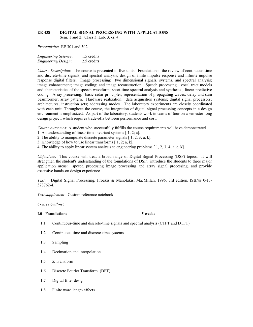 Ee 438Digital Signal Processing with Applications