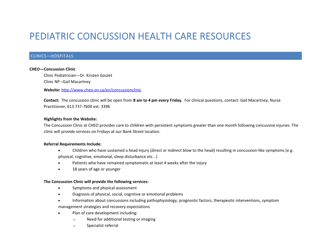 Pediatric Concussion Health Care Resources