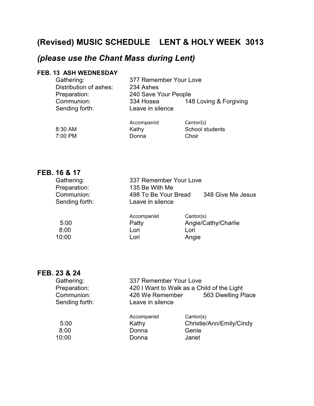 (Revised) MUSIC SCHEDULE LENT & HOLY WEEK 3013