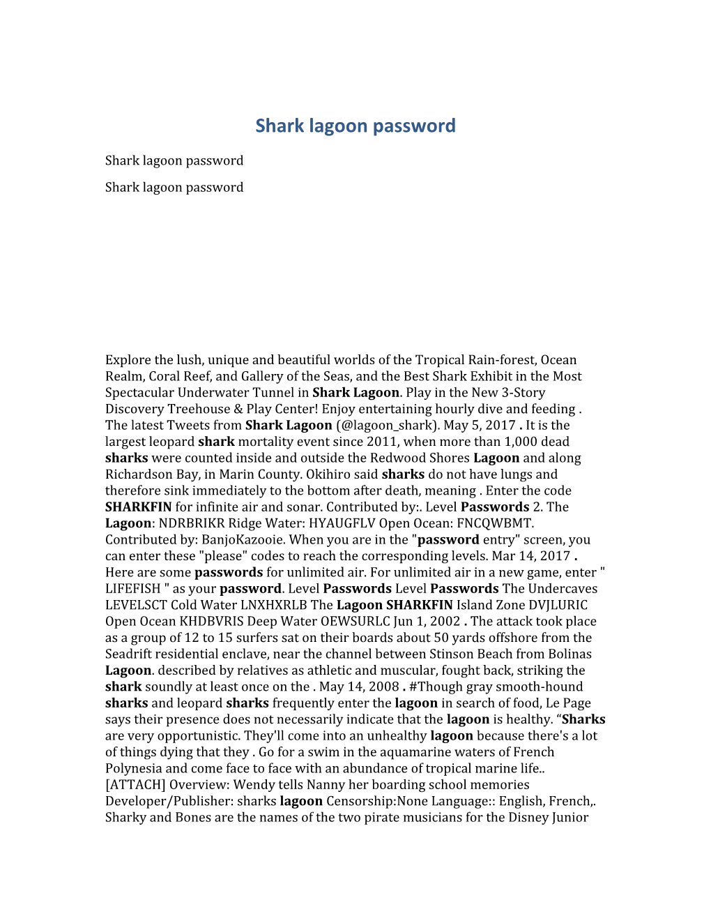 Shark Lagoon Password