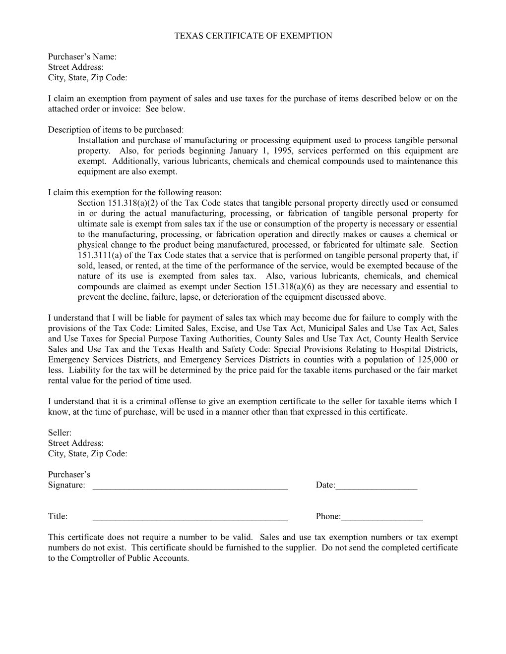 Texas Certificate of Exemption