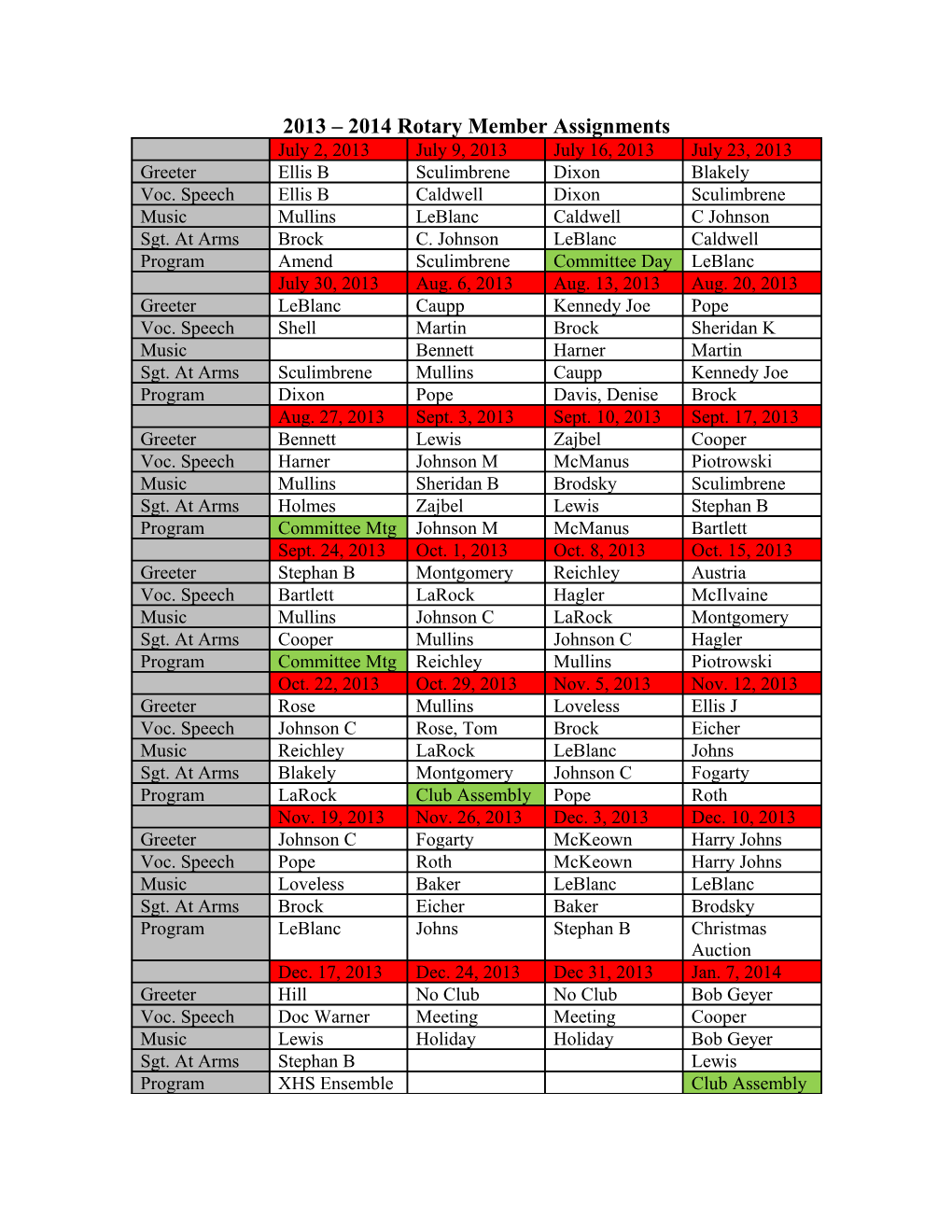 2012 2013 Rotary Member Assignments