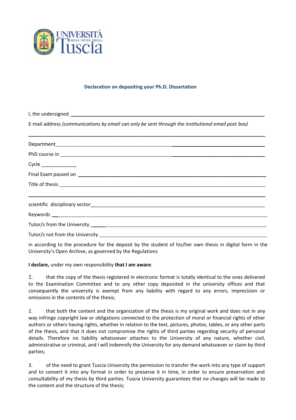 Declaration on Depositing Your Ph.D. Dissertation