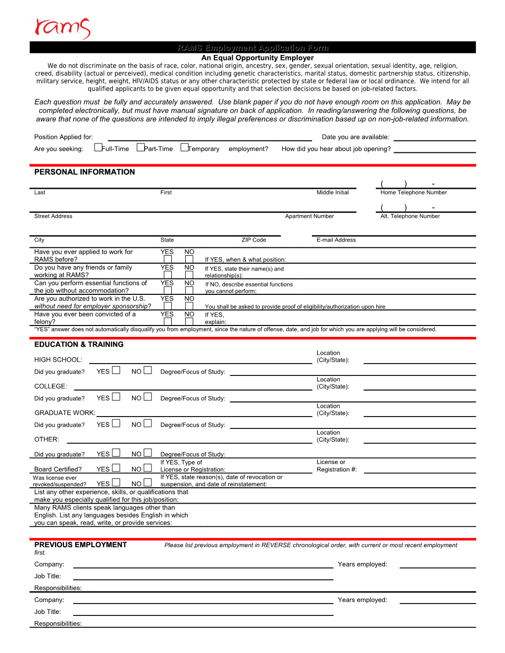 RAMS Employment Application Form