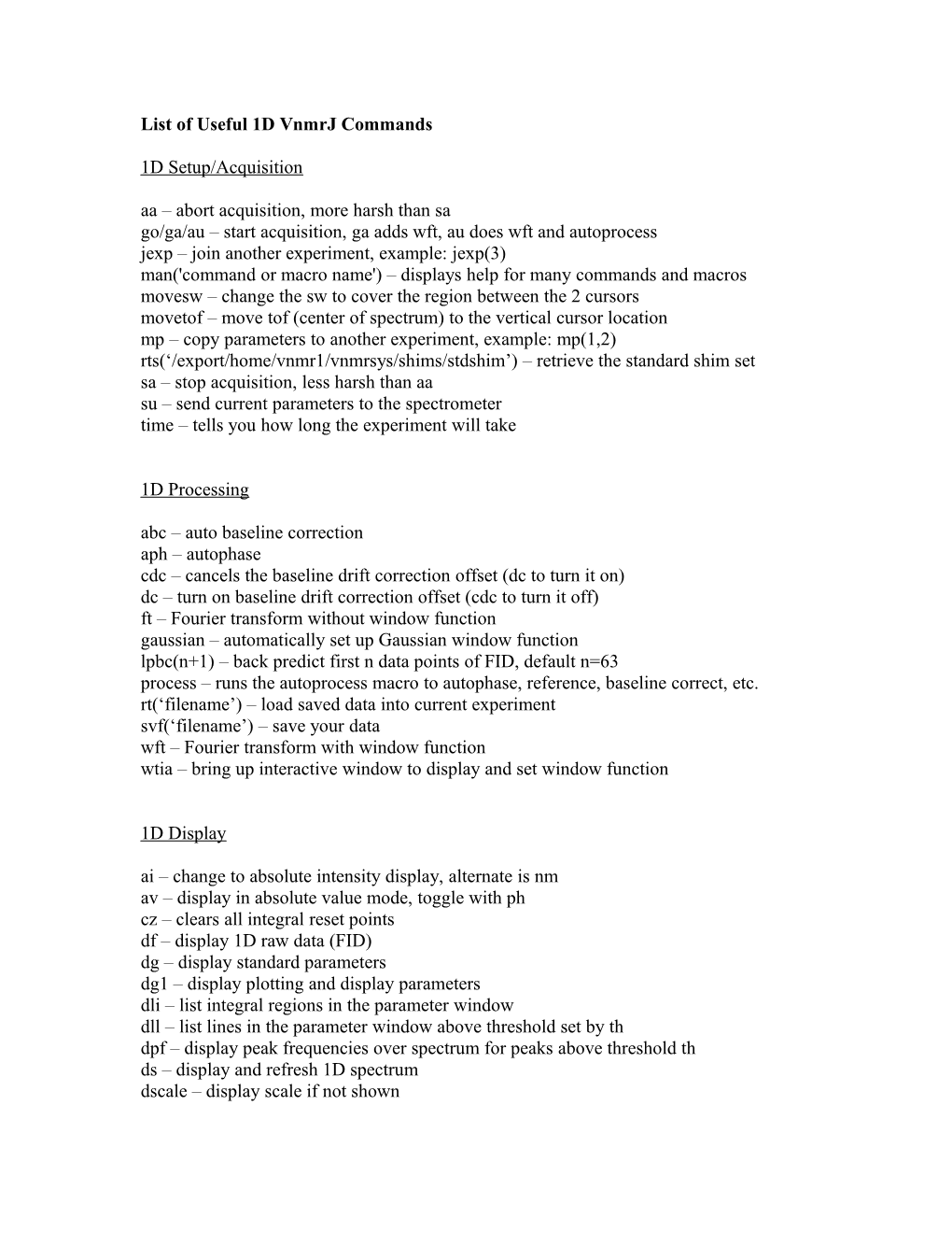 Useful VNMR Commands