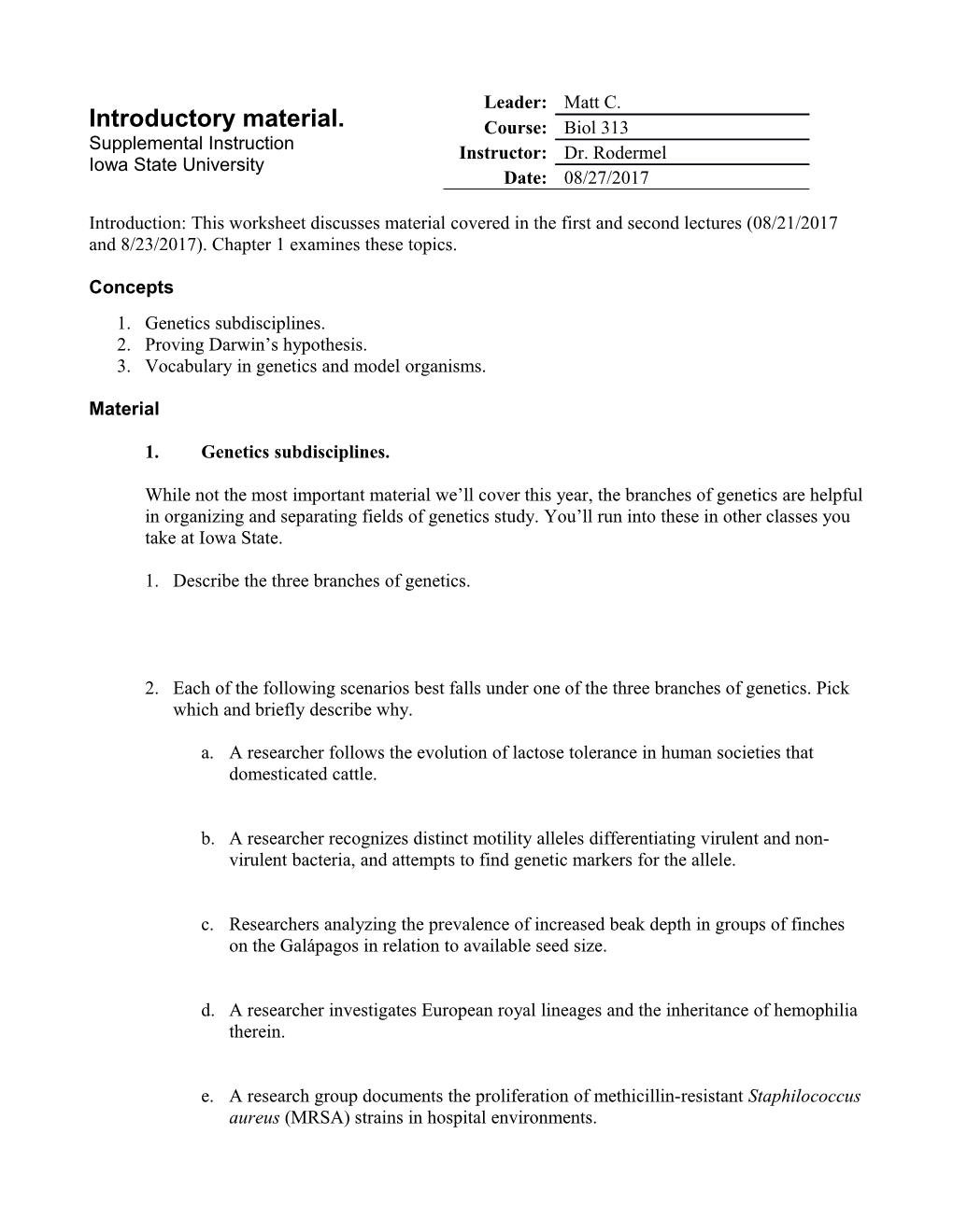 Introduction: This Worksheet Discusses Material Covered in the First And
