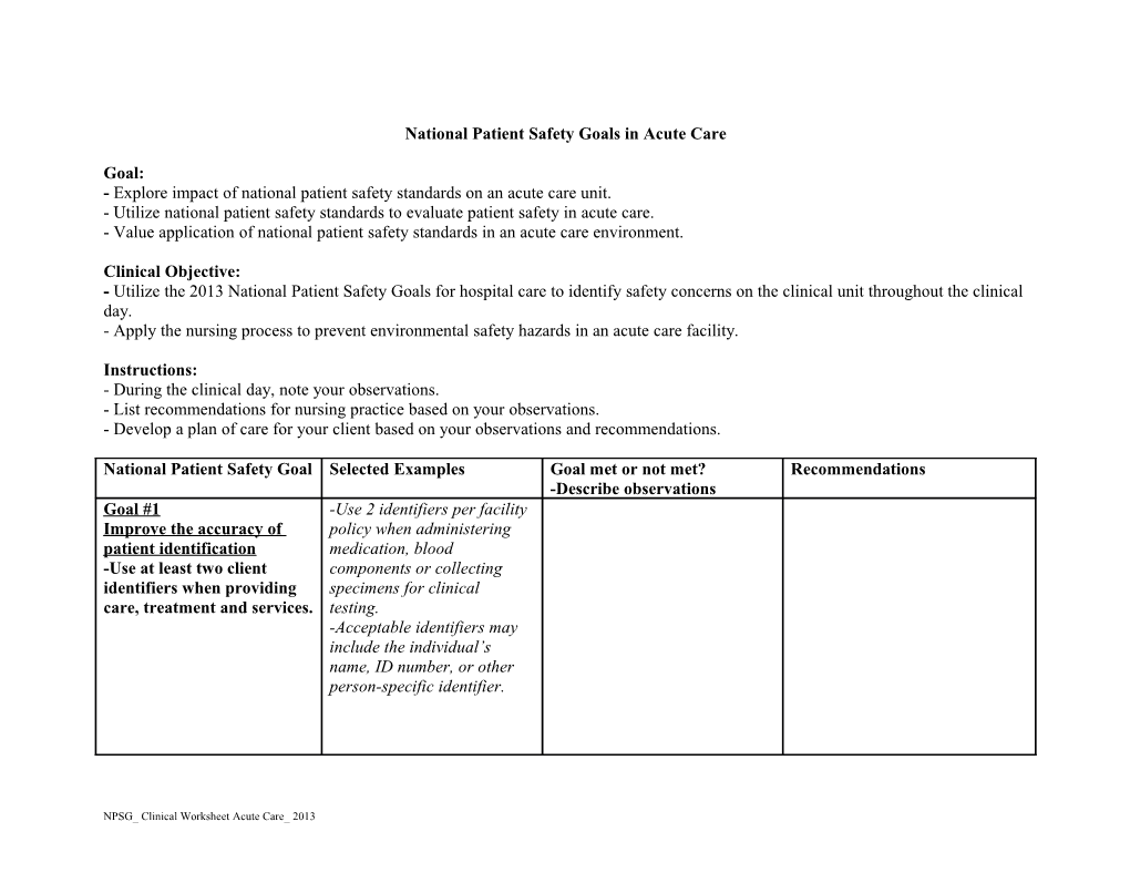 National Patient Safety Goals in Acute Care