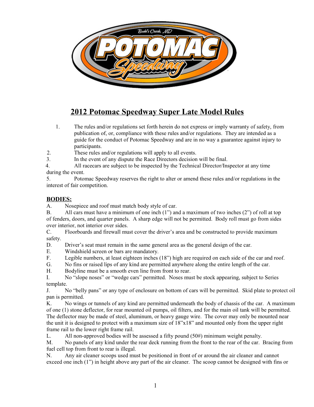 2012 Potomac Speedway Super Late Model Rules
