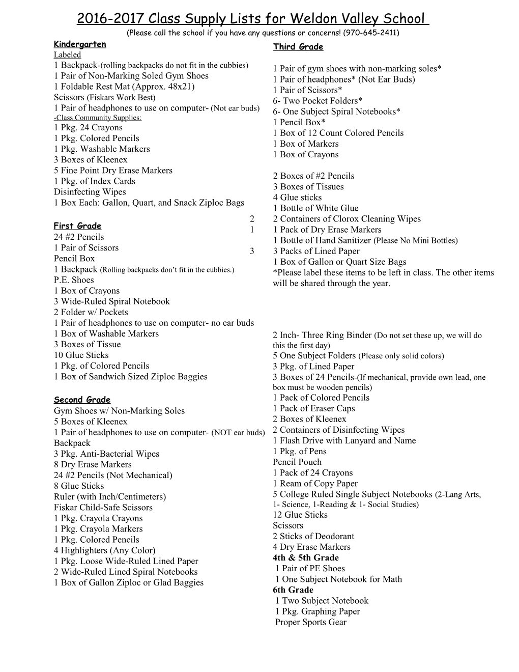 Class Supply Lists for Weldon Valley School