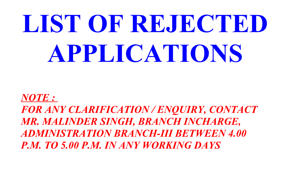 List of Rejected Applications
