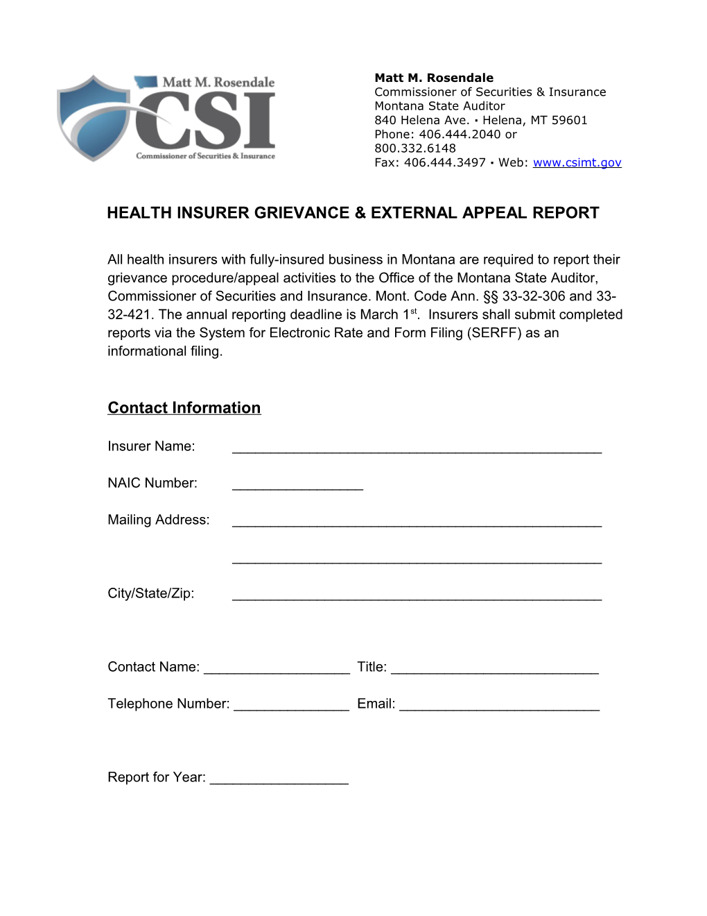 Health Insurer Grievance & External Appeal Report