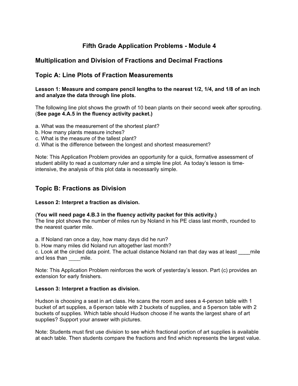 Fifth Grade Application Problems - Module 4