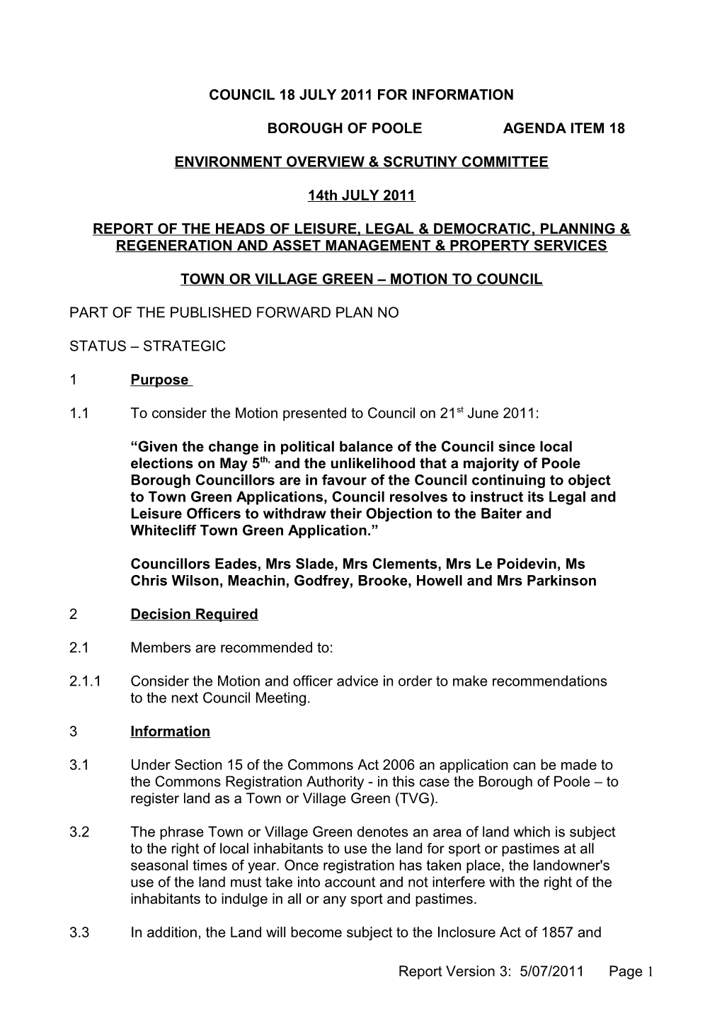 Town Or Village Green Motion to Council