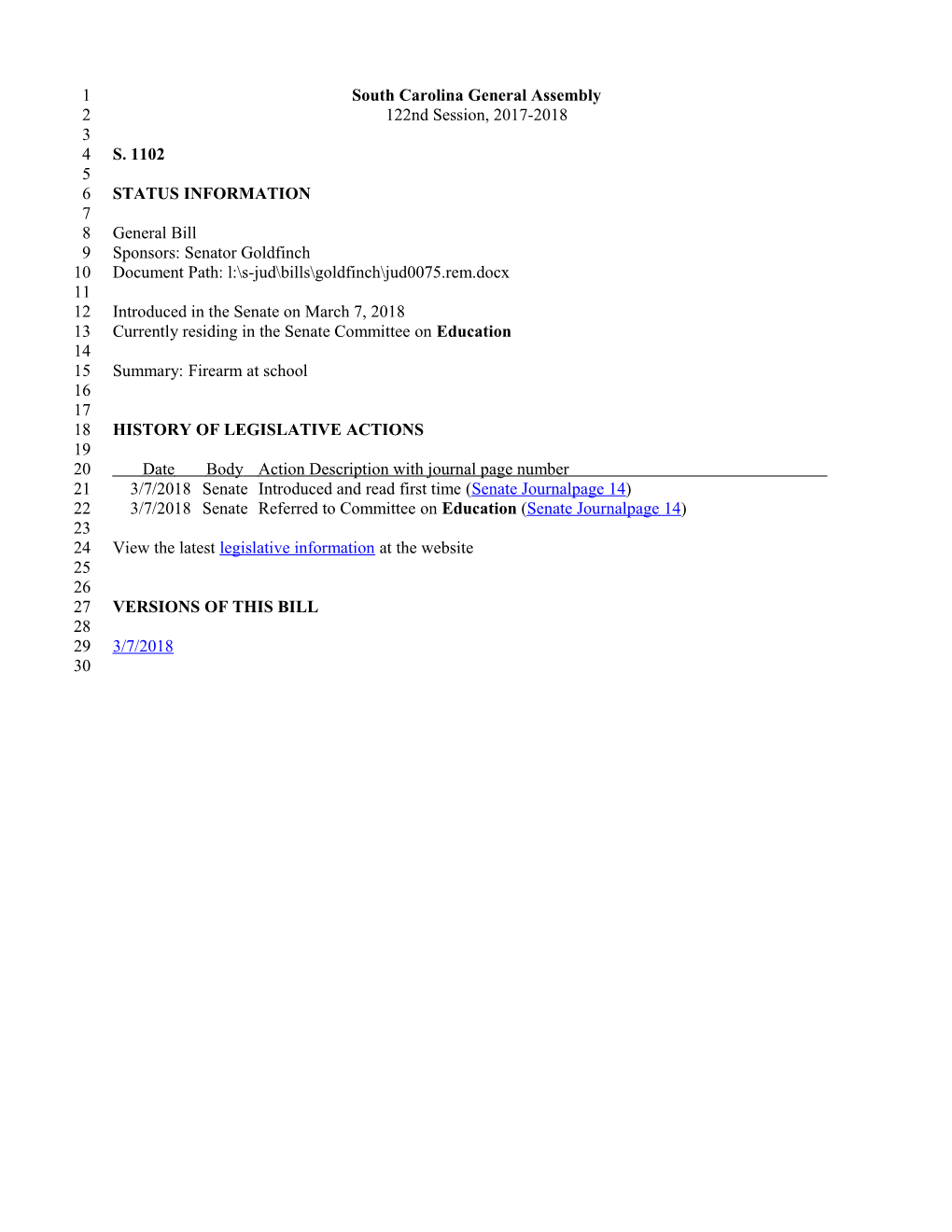 2017-2018 Bill 1102: Firearm at School - South Carolina Legislature Online