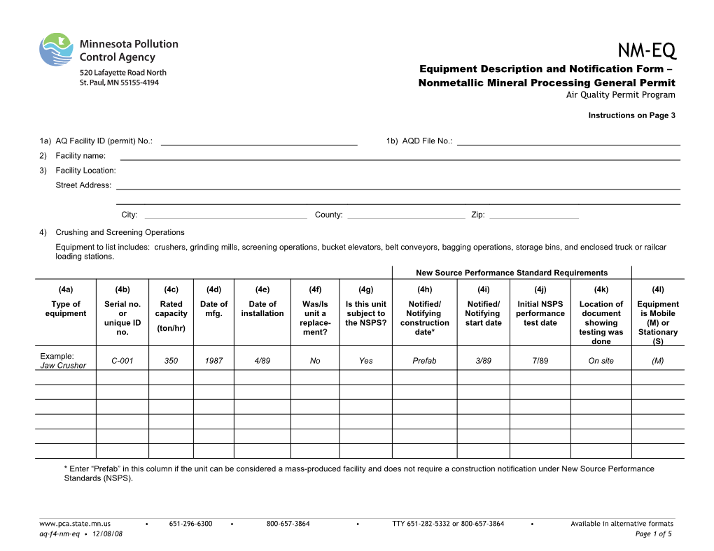 NM-EQ Equipment and Notification Form - Nonmetallic Mineral Processing General Permit