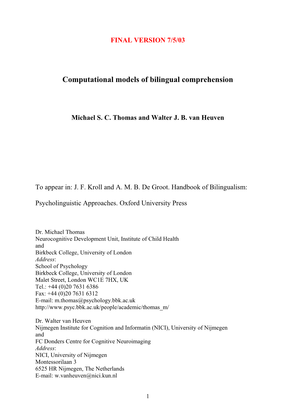 Computational Models of Bilingual Comprehension