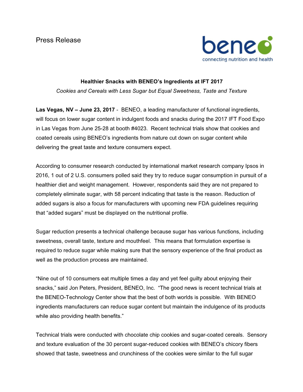 Healthier Snacks with BENEO S Ingredients at IFT 2017