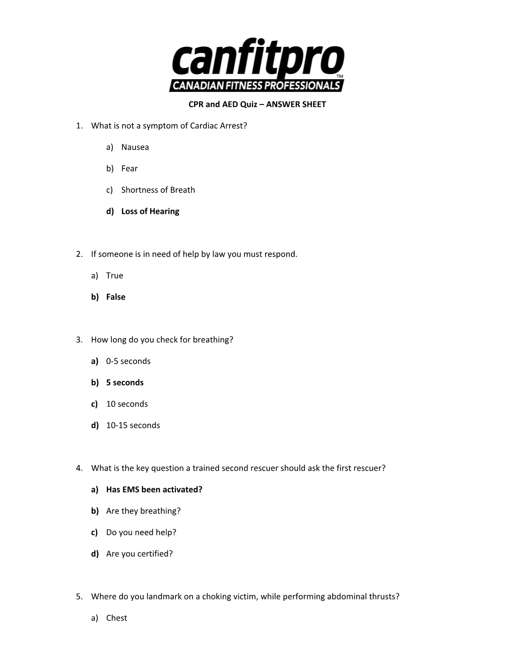 CPR and AED Quiz ANSWER SHEET