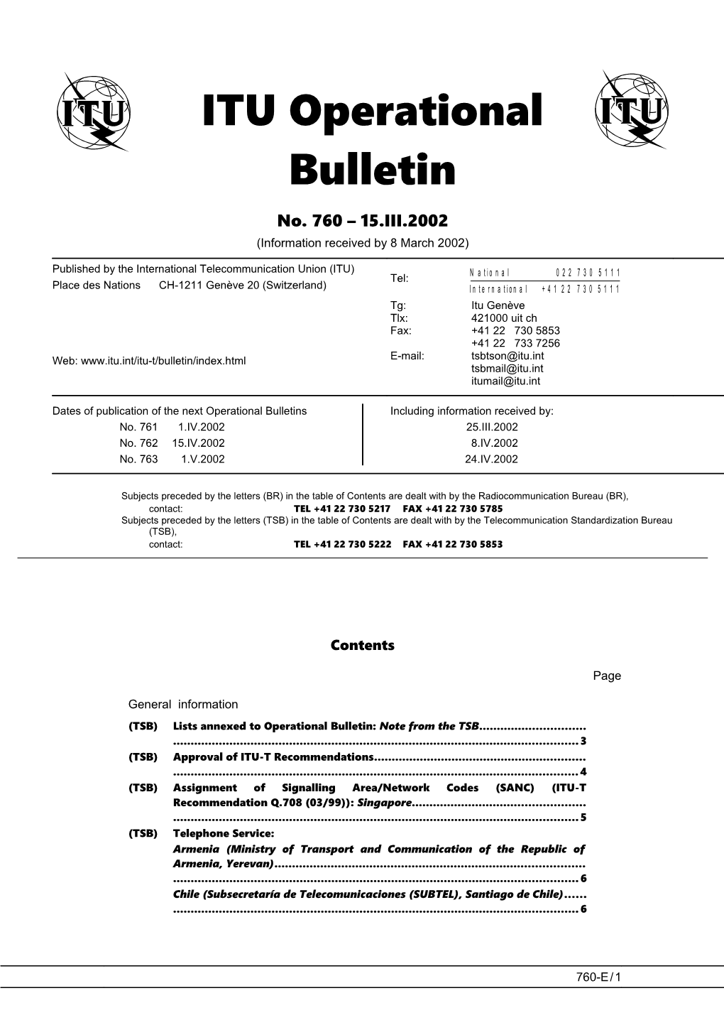 ITU Operational Bulletin 760 - 15.III.2002