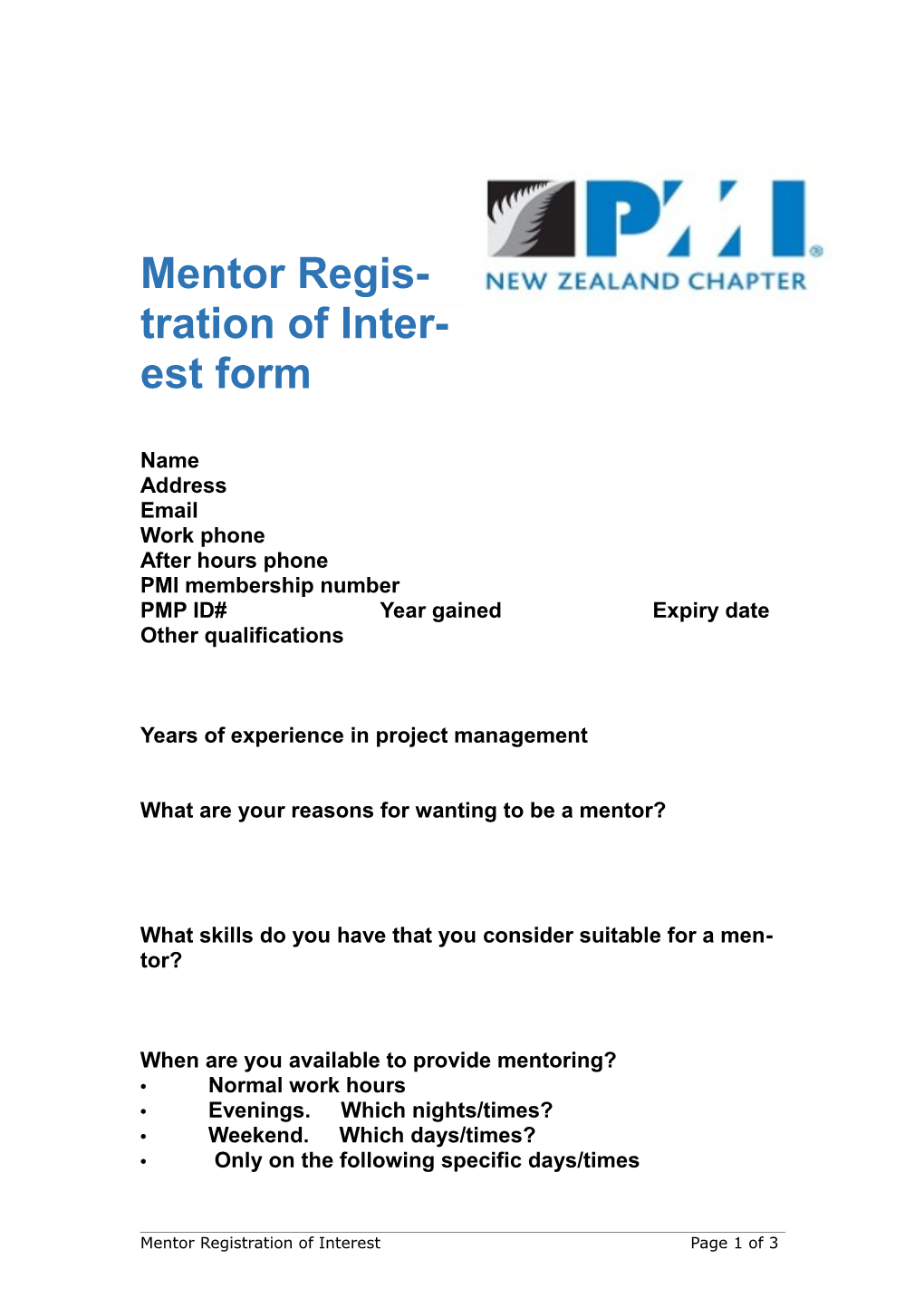 Mentor Registration of Interest Form