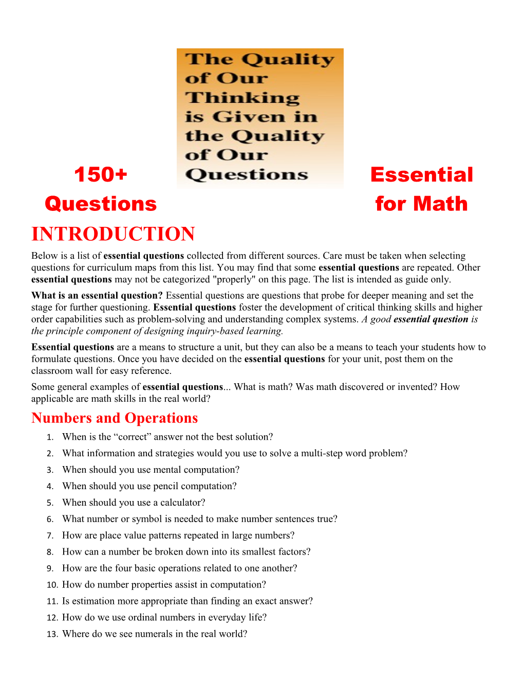 150+ Essential Questions for Math