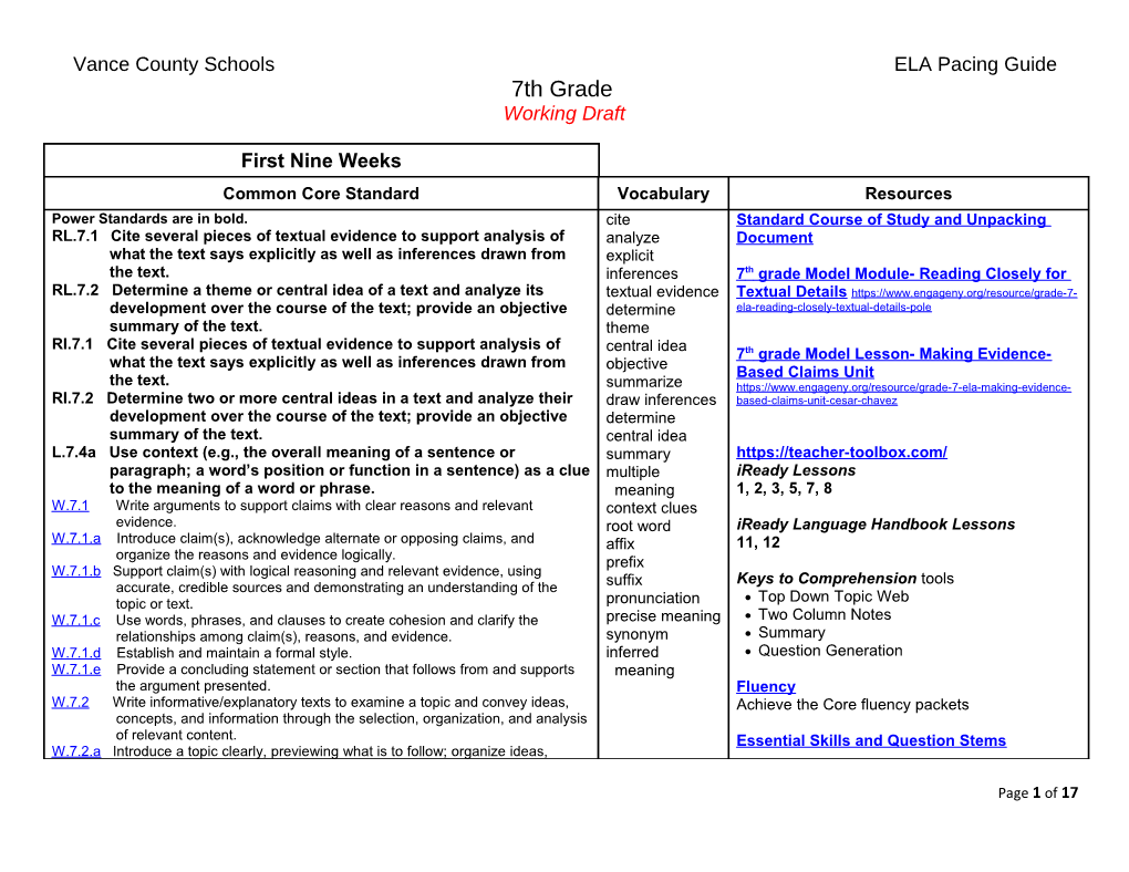 Vance County Schools ELA Pacing Guide