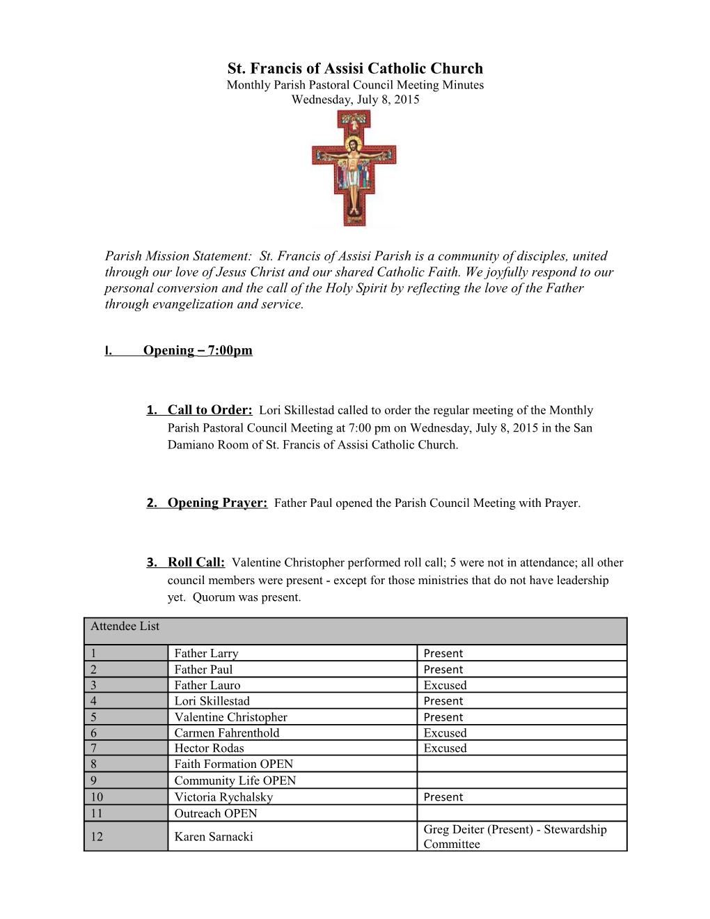 Monthly Parish Pastoral Council Meeting Minutes