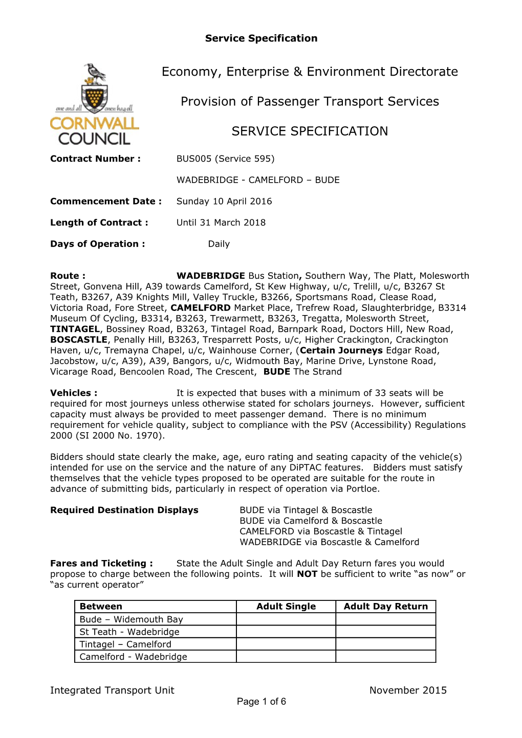 Service Specification - Local Bus Service - Schedule 1A