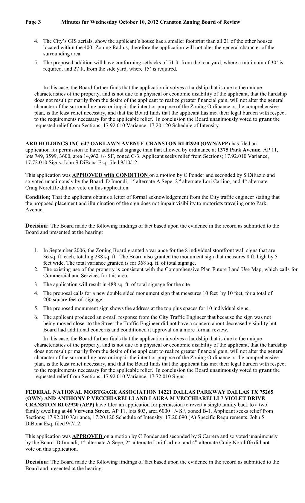 Page 1Minutes for Wednesday October 10, 2012Cranston Zoning Board of Review