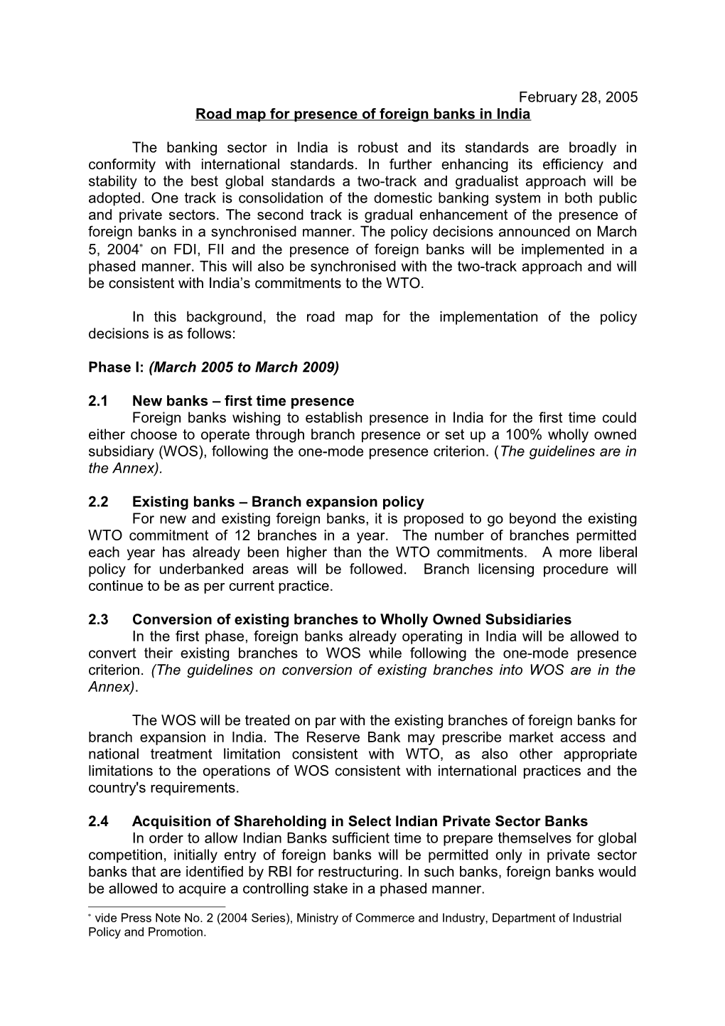 Road Map for Presence of Foreign Banks in India