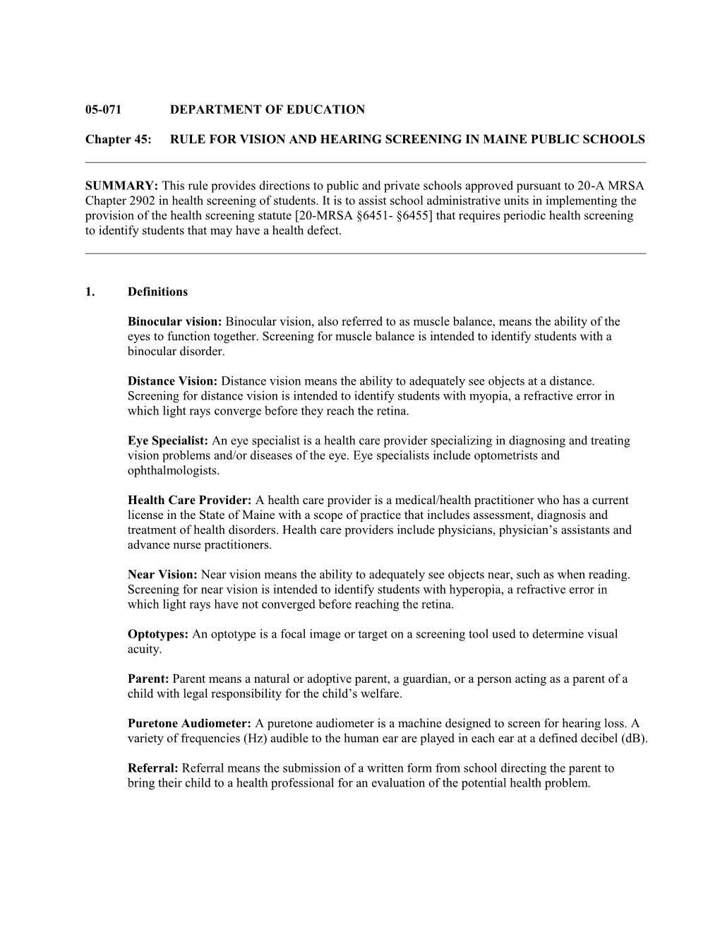 Chapter 45:RULE for VISION and HEARING SCREENING in MAINE PUBLIC SCHOOLS