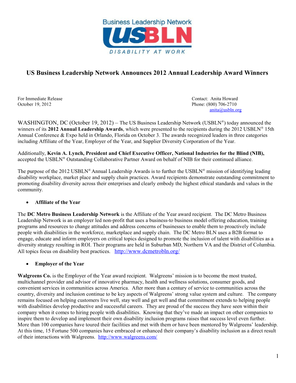 US Business Leadership Network Announces 2012 Annual Leadership Award Winners