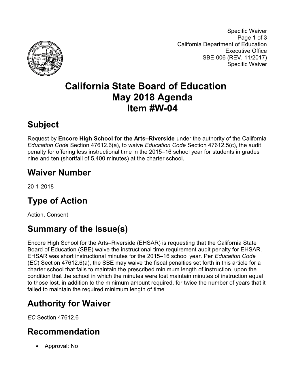 May 2018 Waiver Item W-04 - Meeting Agendas (CA State Board of Education)
