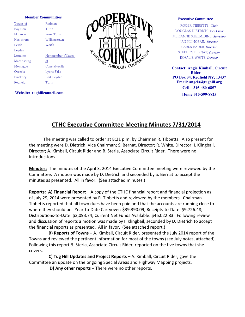 CTHC Executive Committee Meeting Minutes 7/31/2014