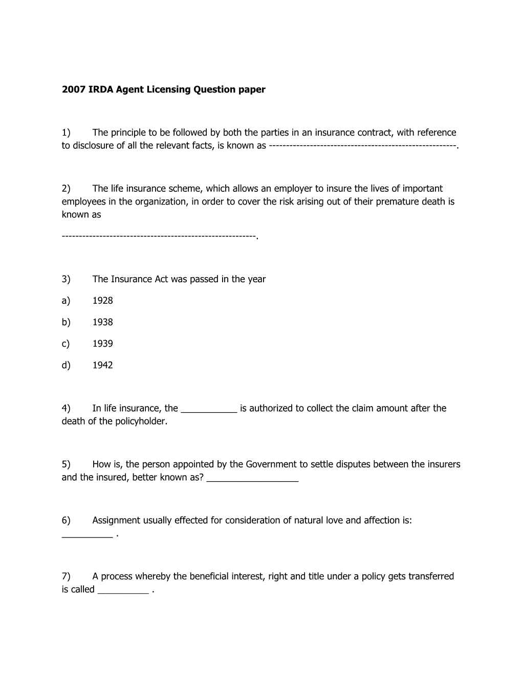 2007 IRDA Agent Licensing Question Paper