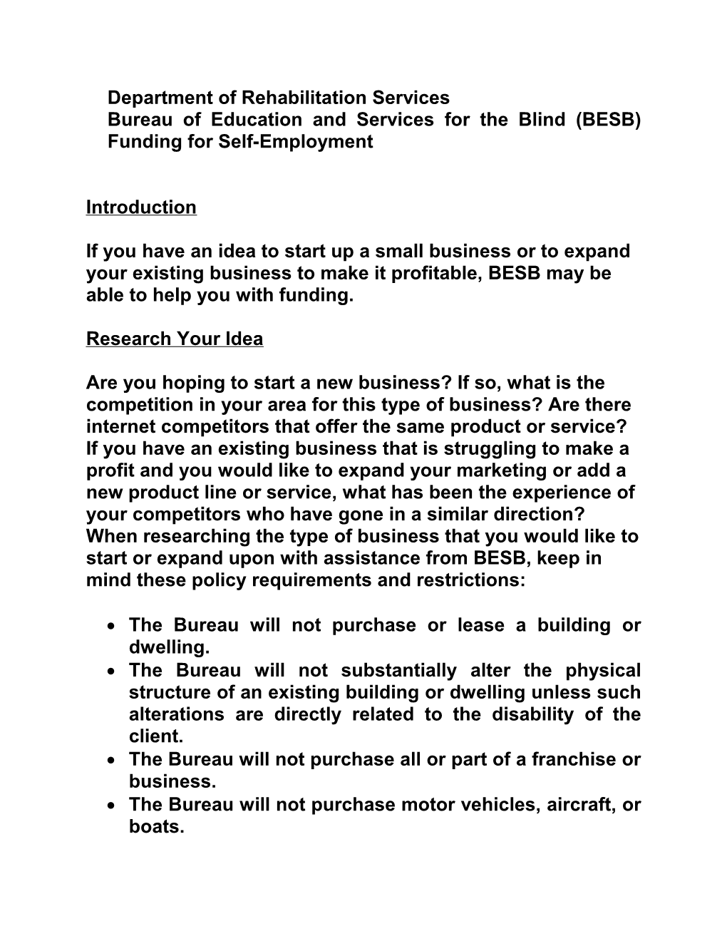 BESB Funding for Self-Employment