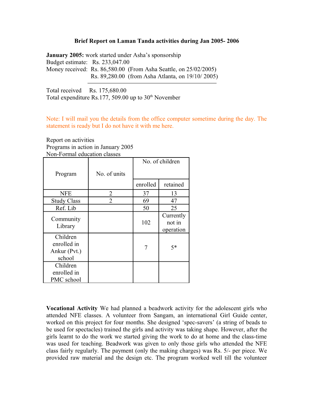 Brief Report on Laman Tanda Activities During Jan 2005- 2006