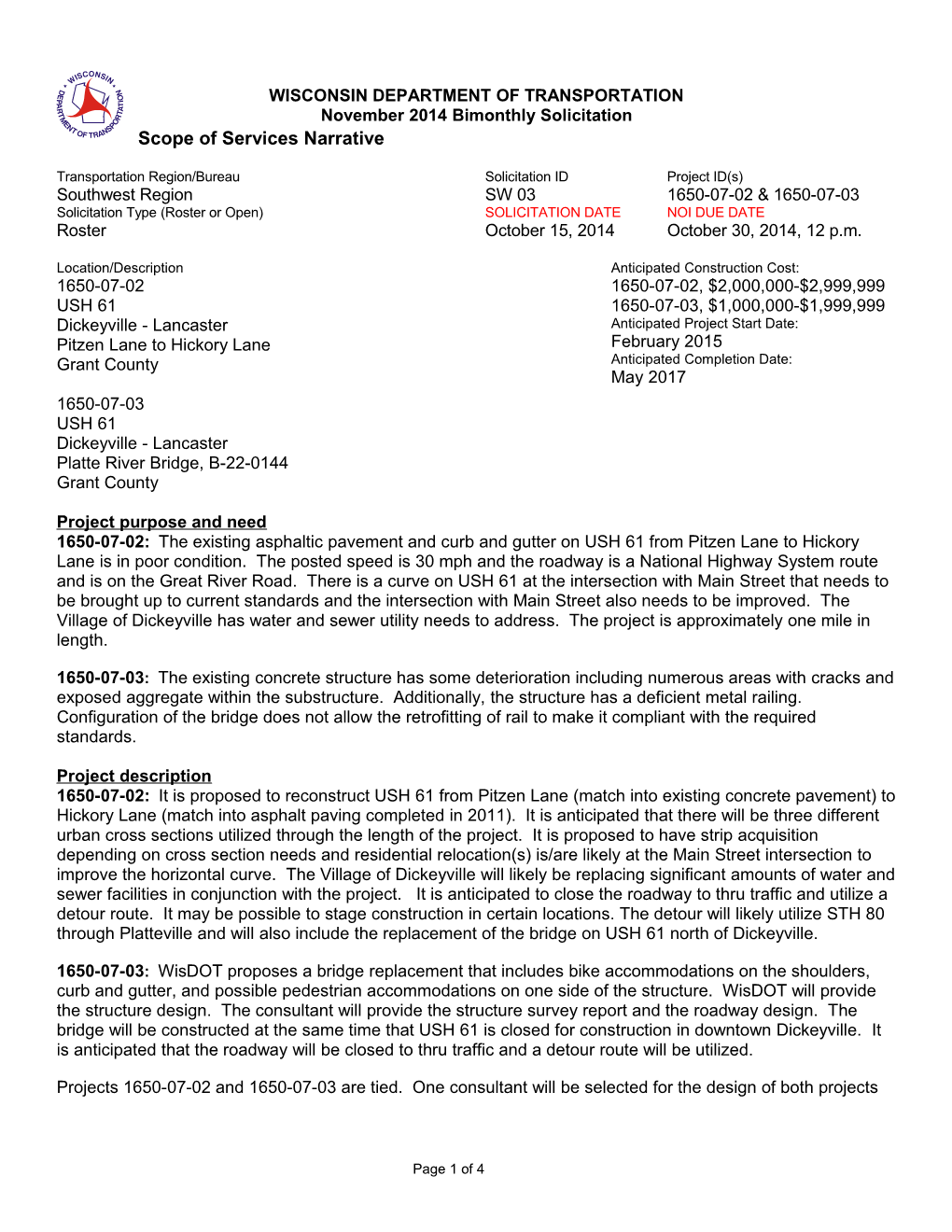 Wisdot DTSD Southwest Region November 2014 Solicitation Number SW 03